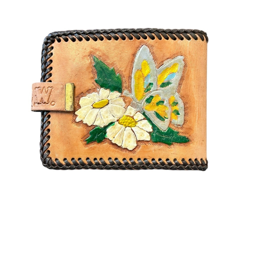 Vintage Leather hand tooled hand painted wallet Butterfly